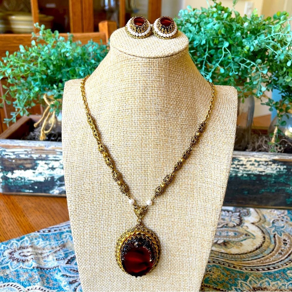 West Germany Necklace Earrings Set Ornate Gilt Tortoise Amber Cabochon Vintage